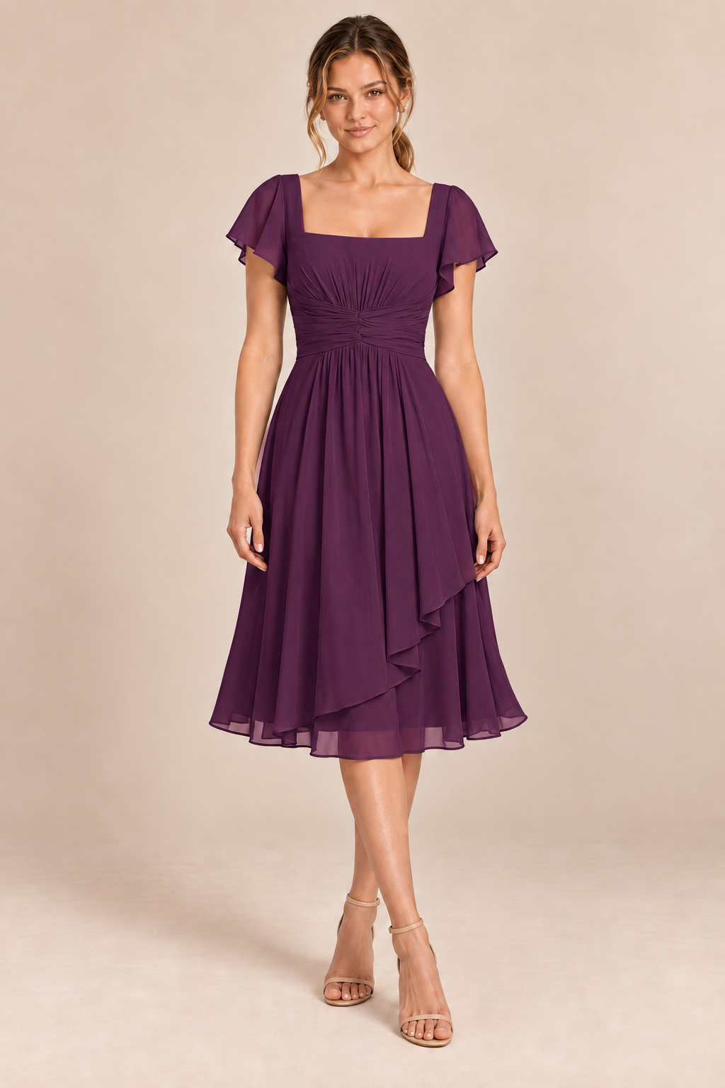 Plum chiffon square-neck flutter-sleeve chiffon ruched midi dress, front view