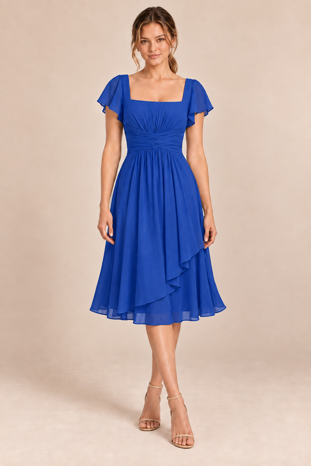 Royal Blue chiffon square-neck flutter-sleeve chiffon ruched midi dress, front view