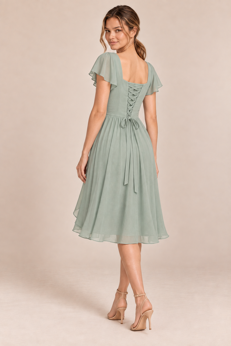 Sage Green chiffon square-neck flutter-sleeve chiffon ruched midi dress, back view
