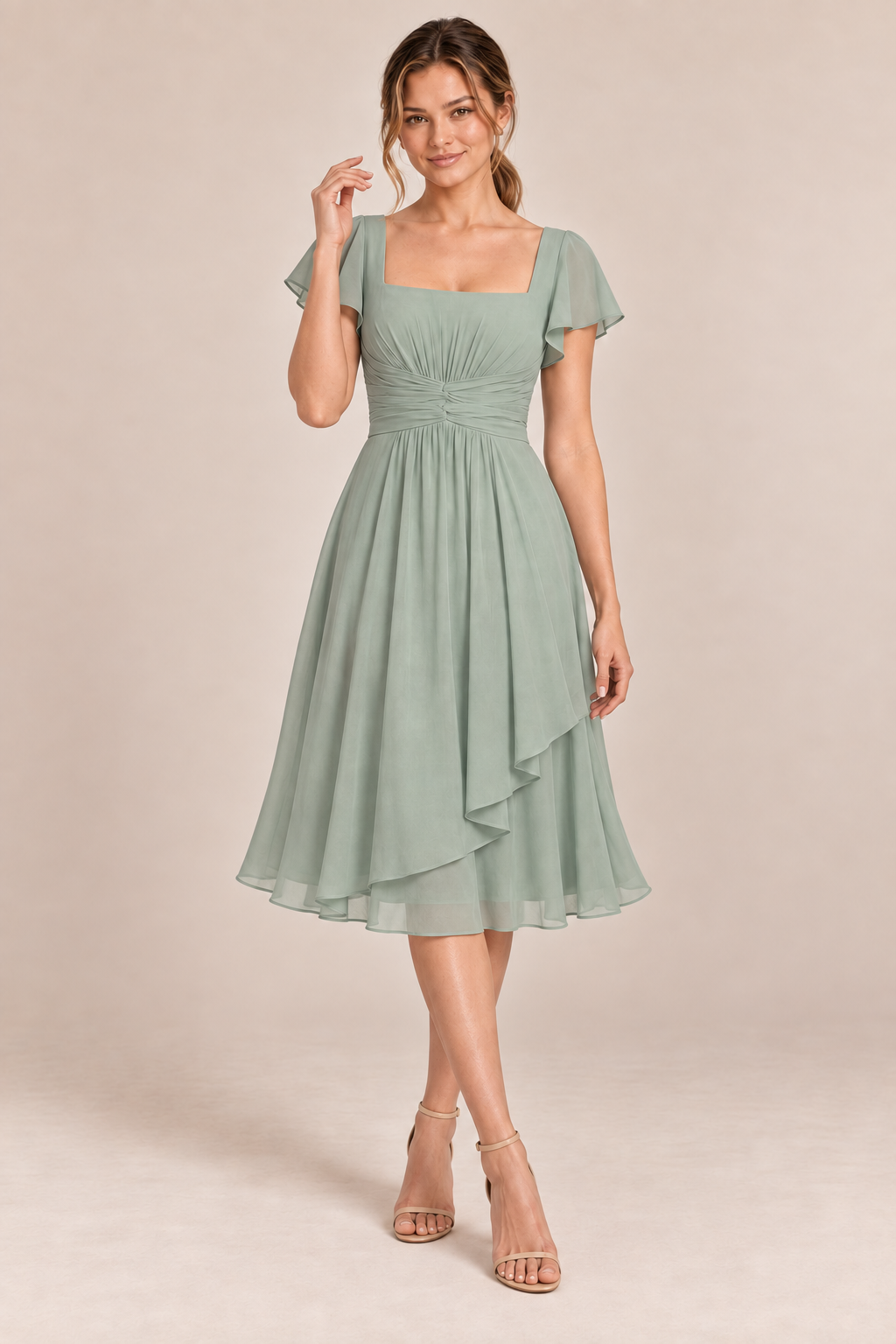 Sage Green chiffon square-neck flutter-sleeve chiffon ruched midi dress, three-quarter view