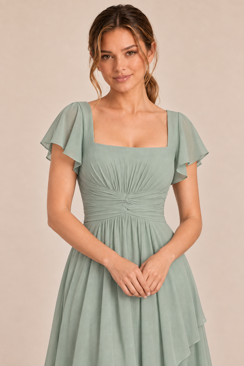 Sage Green chiffon square-neck flutter-sleeve chiffon ruched midi dress, detail view