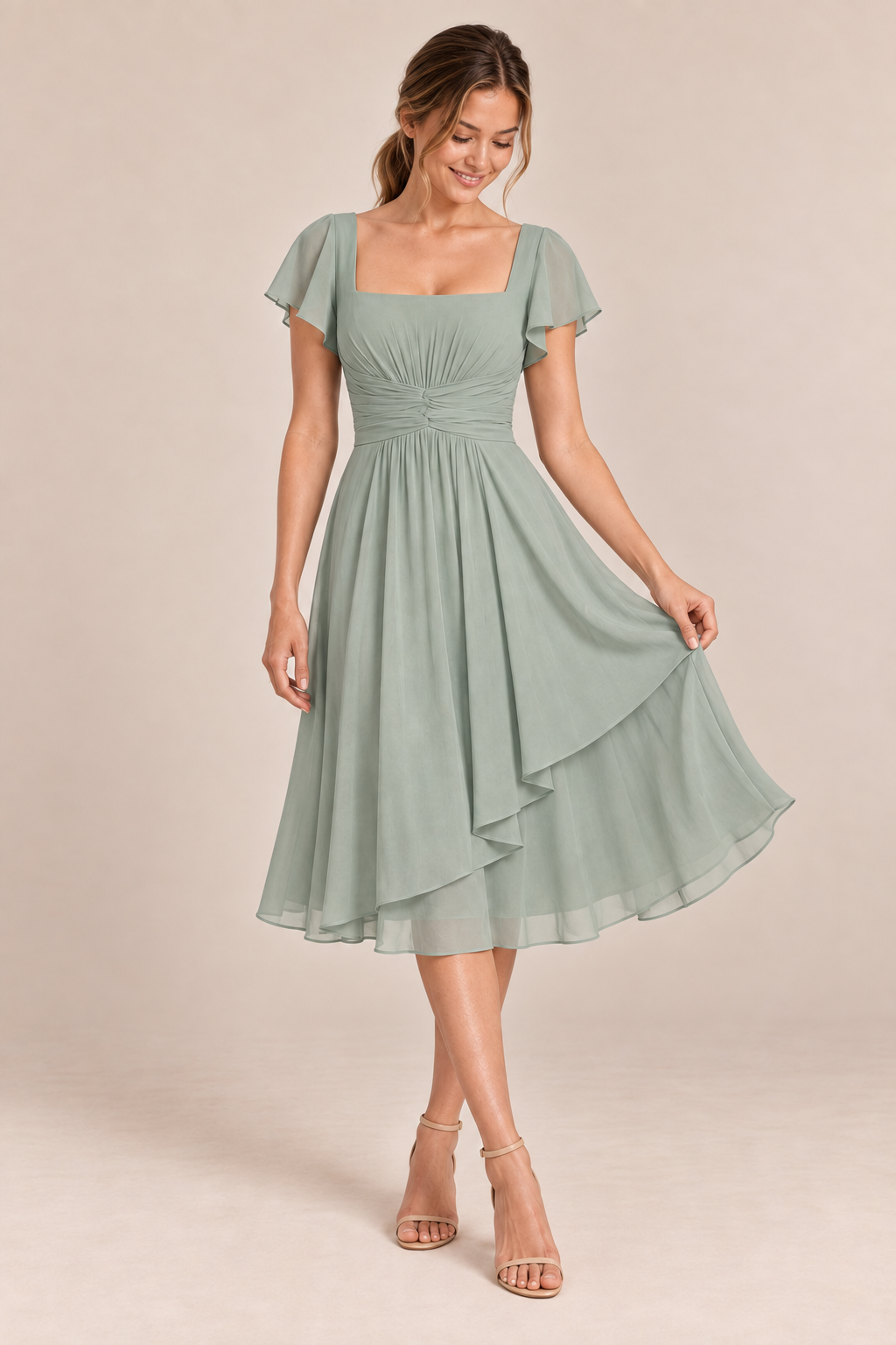 Sage Green chiffon square-neck flutter-sleeve chiffon ruched midi dress, movement view