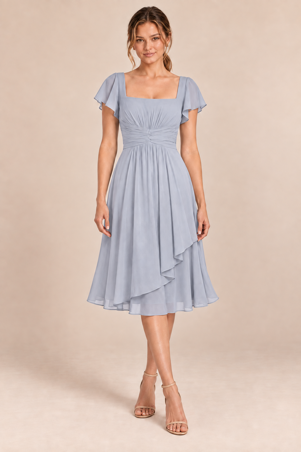 Silver chiffon square-neck flutter-sleeve chiffon ruched midi dress, front view