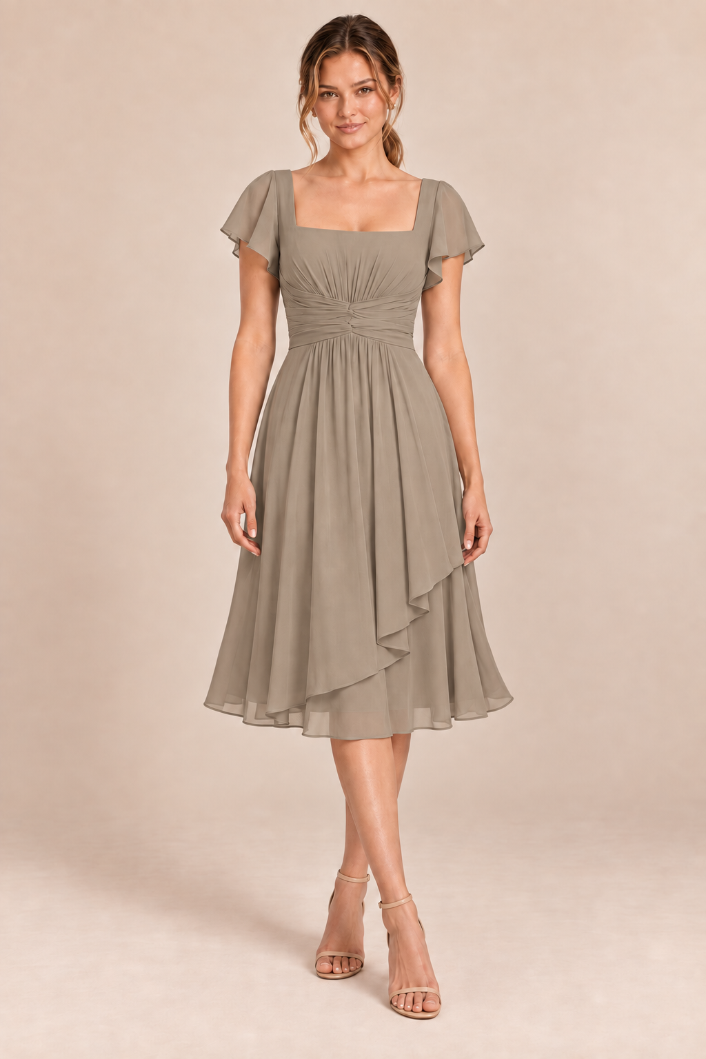 Taupe chiffon square-neck flutter-sleeve chiffon ruched midi dress, front view