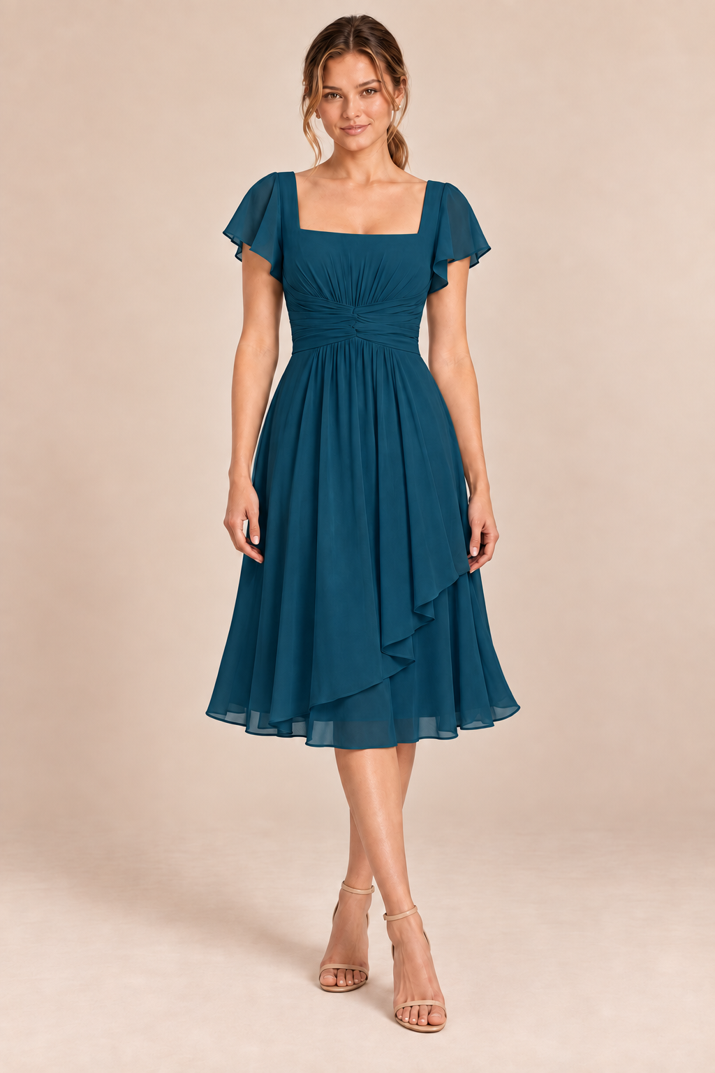 Teal chiffon square-neck flutter-sleeve chiffon ruched midi dress, front view
