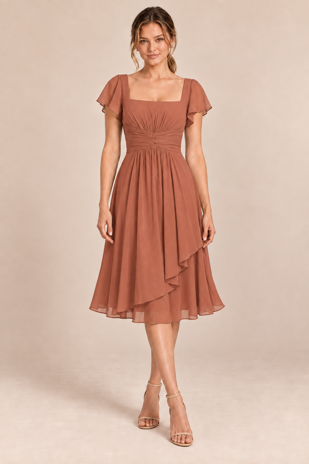 Terracotta chiffon square-neck flutter-sleeve chiffon ruched midi dress, front view