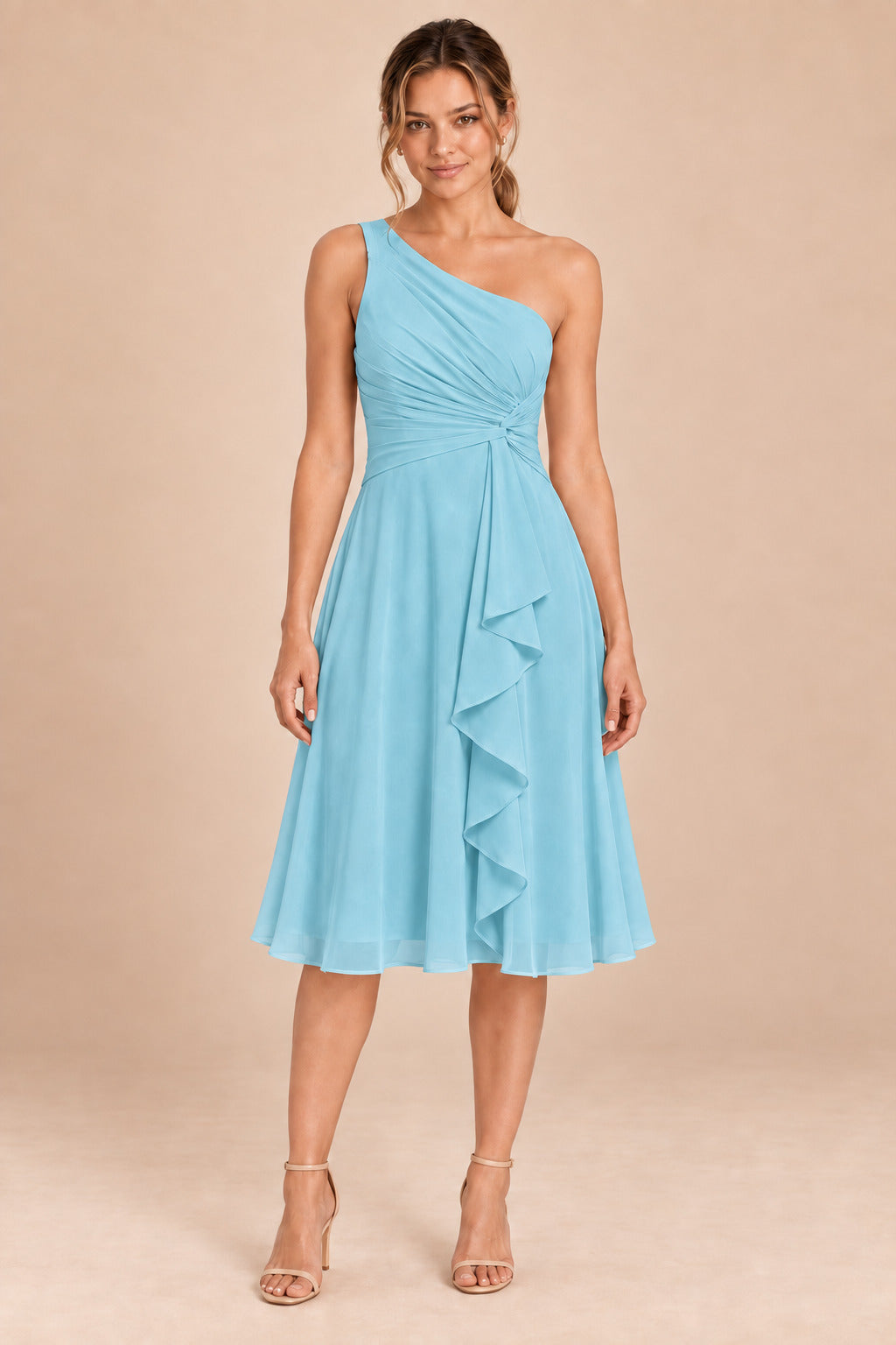 A0007 one-shoulder chiffon ruffle dress in Baby Blue