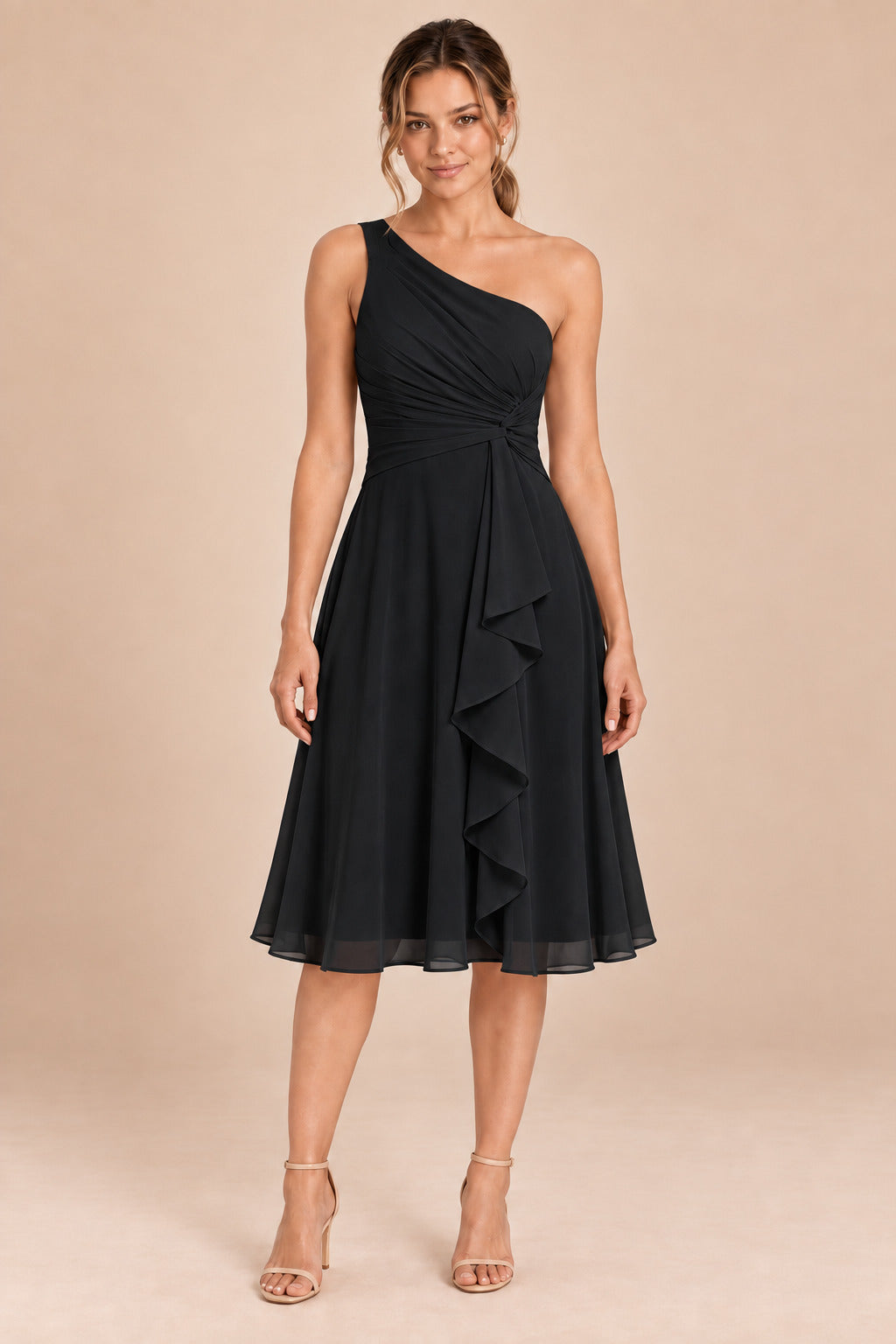A0007 one-shoulder chiffon ruffle dress in Black