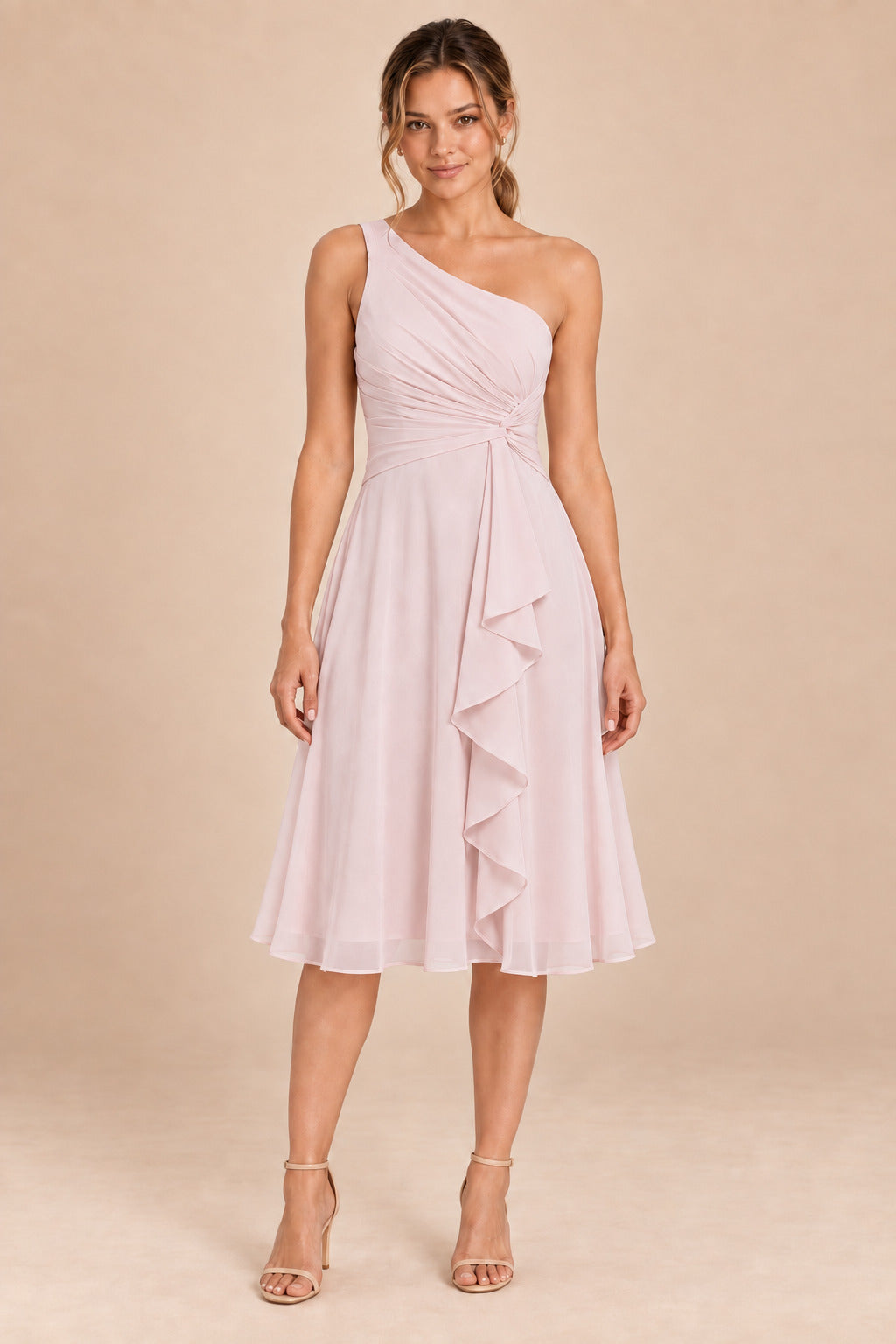 A0007 one-shoulder chiffon ruffle dress in Blush Pink