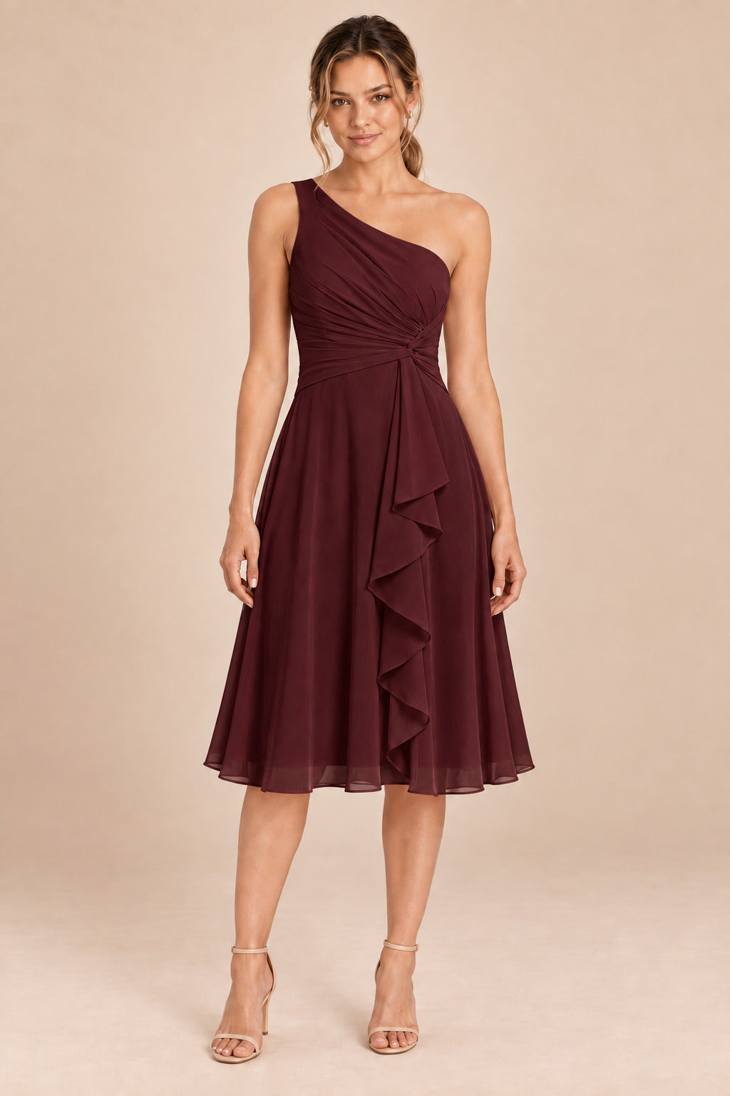 A0007 one-shoulder chiffon ruffle dress in Burgundy