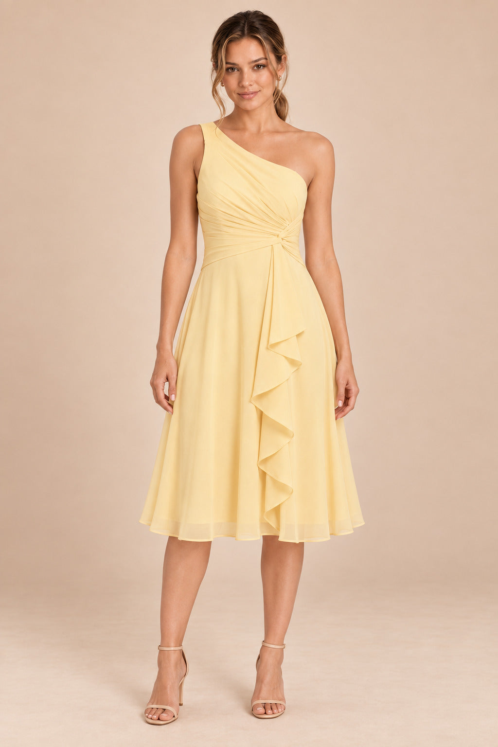 A0007 one-shoulder chiffon ruffle dress in Butter Yellow