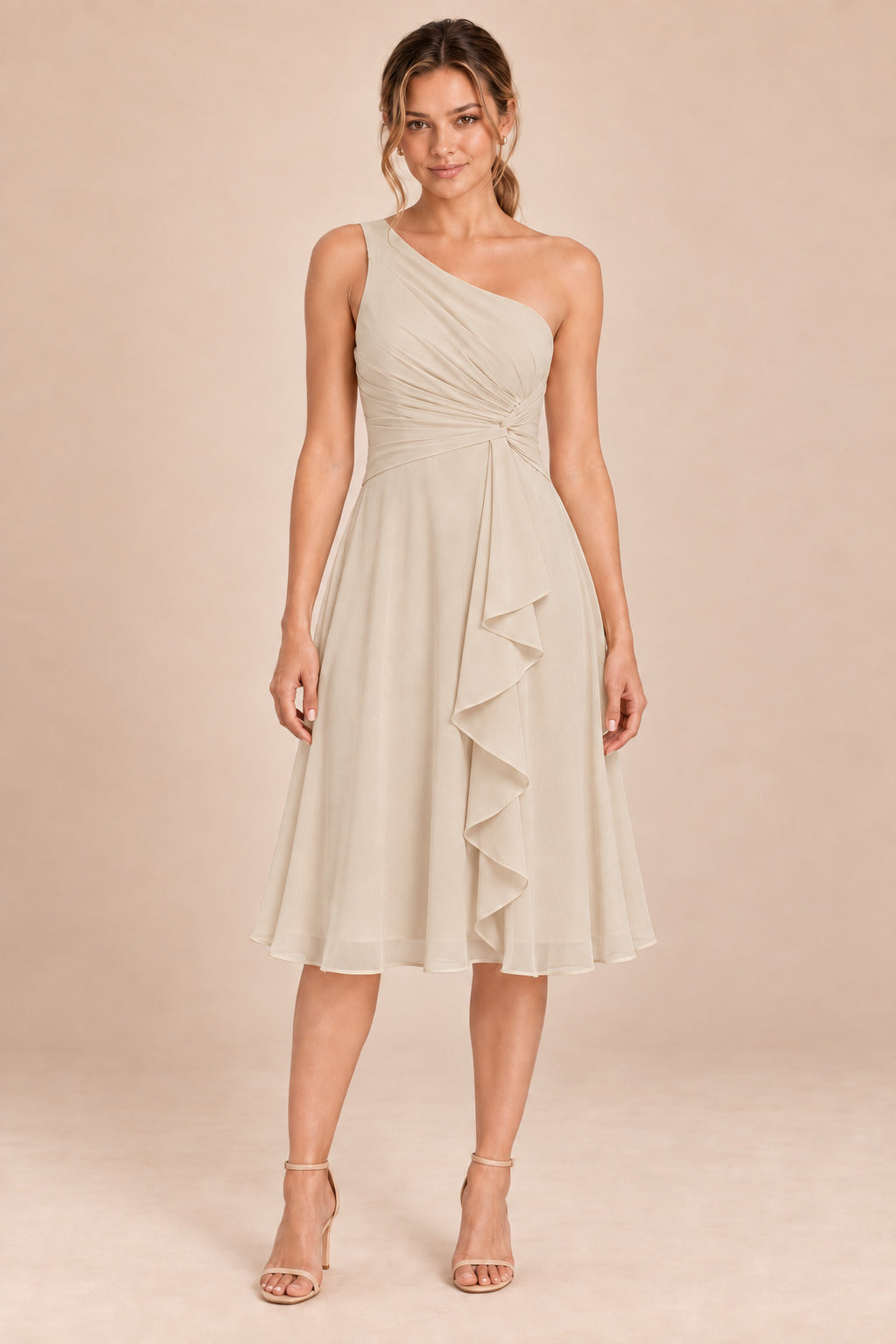 A0007 one-shoulder chiffon ruffle dress in Champagne