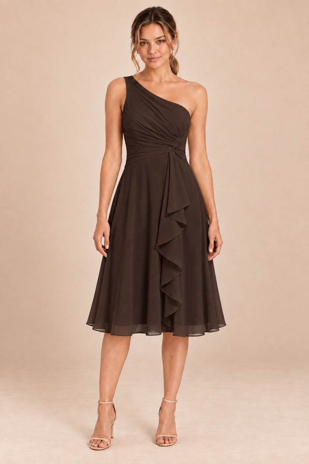 A0007 one-shoulder chiffon ruffle dress in Chocolate Brown