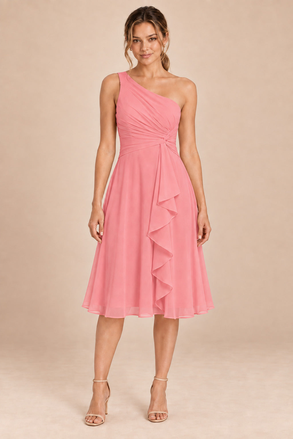 A0007 one-shoulder chiffon ruffle dress in Coral
