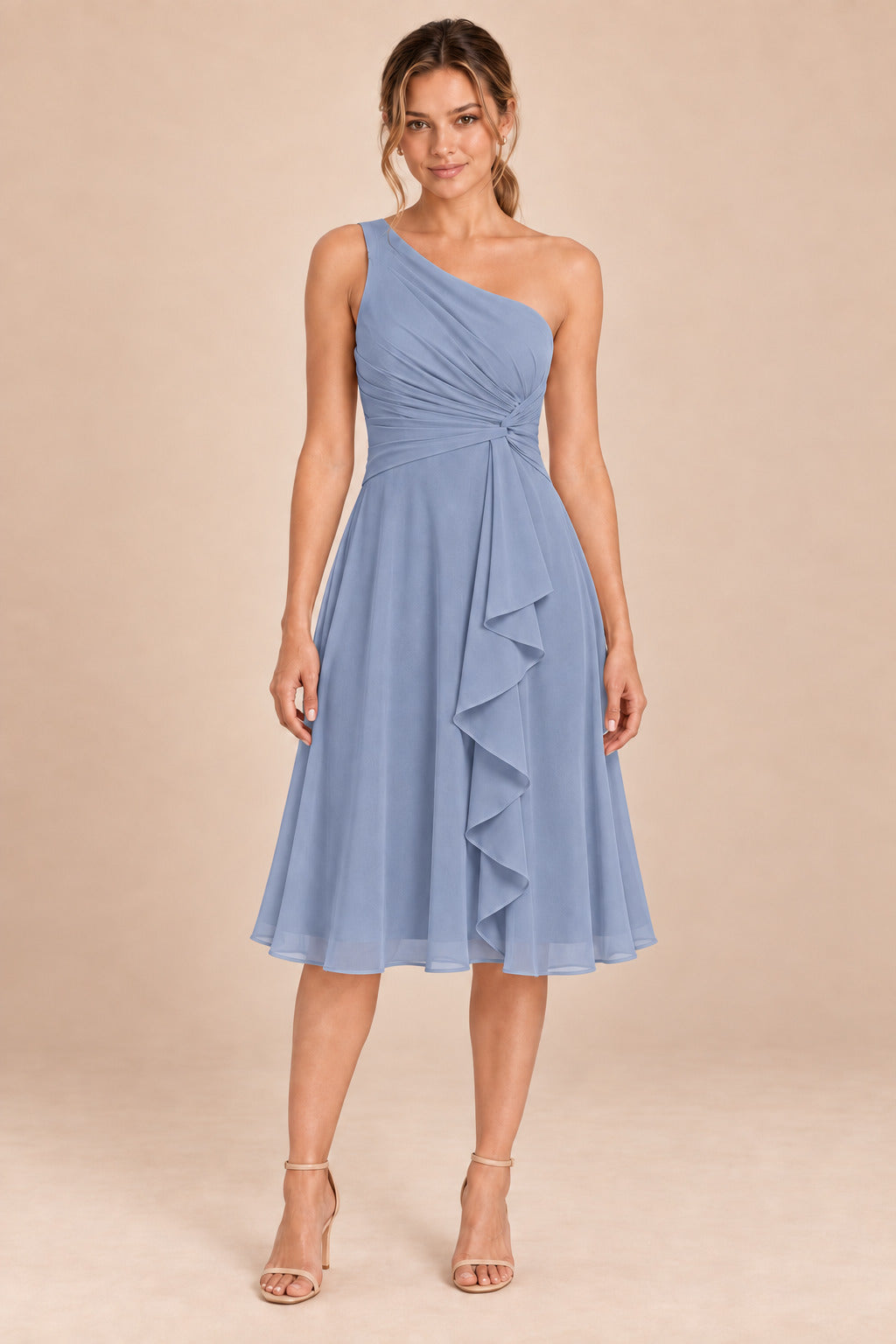A0007 one-shoulder chiffon ruffle dress in Dusty Blue