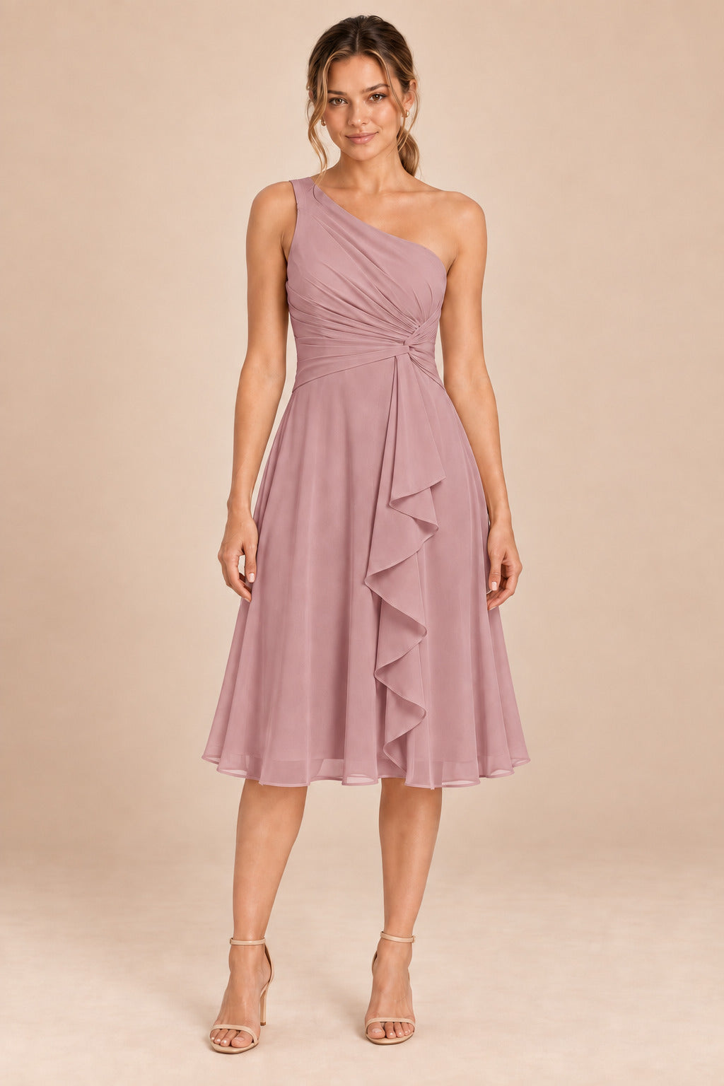 A0007 one-shoulder chiffon ruffle dress in Dusty Rose