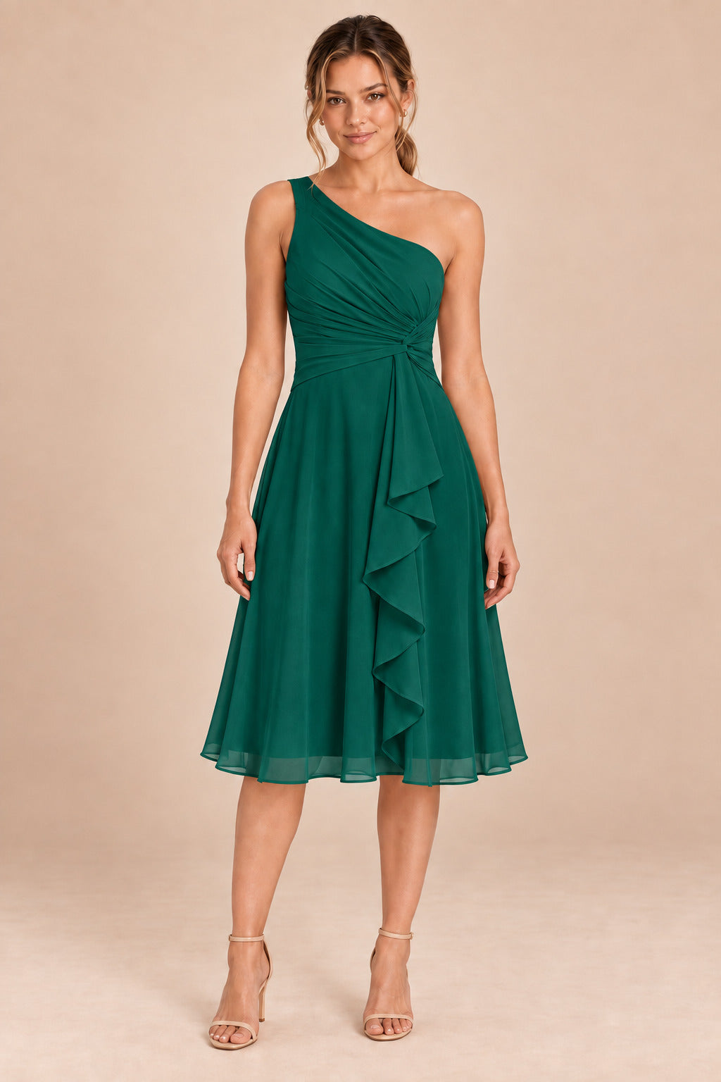 A0007 one-shoulder chiffon ruffle dress in Emerald Green