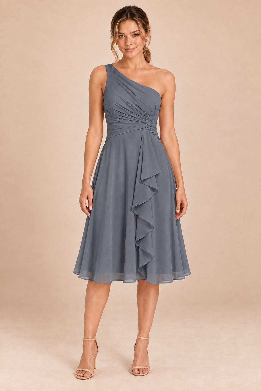 A0007 one-shoulder chiffon ruffle dress in Gray