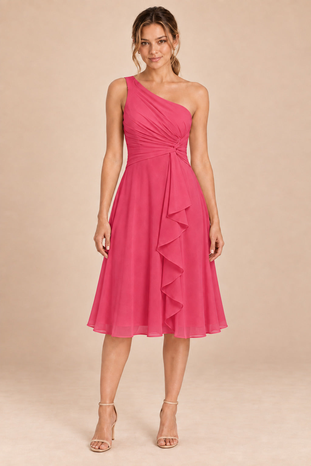 A0007 one-shoulder chiffon ruffle dress in Hot Pink