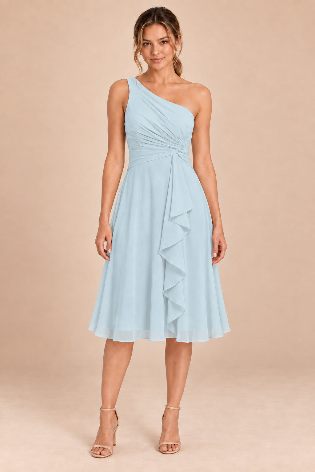 A0007 one-shoulder chiffon ruffle dress in Ice Blue