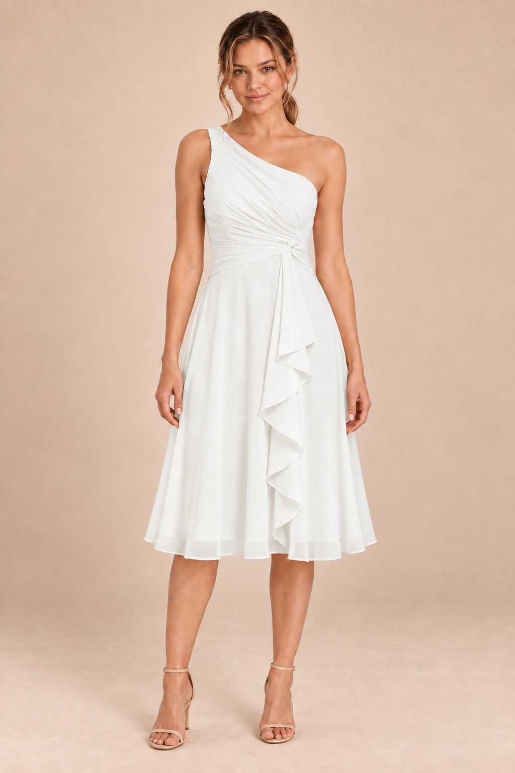 A0007 one-shoulder chiffon ruffle dress in Ivory