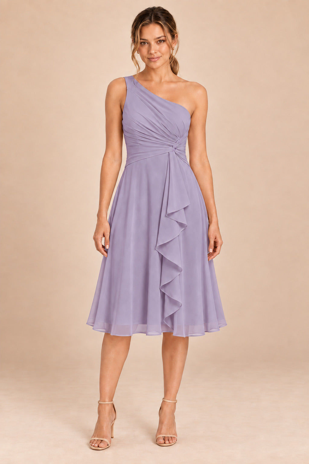 A0007 one-shoulder chiffon ruffle dress in Mauve