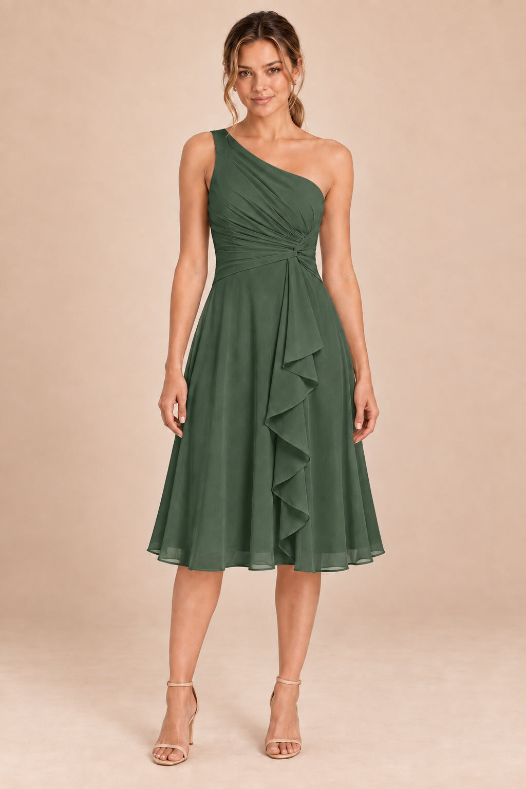A0007 one-shoulder chiffon ruffle dress in Olive Green