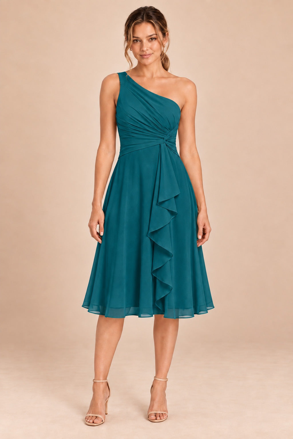 A0007 one-shoulder chiffon ruffle dress in Peacock