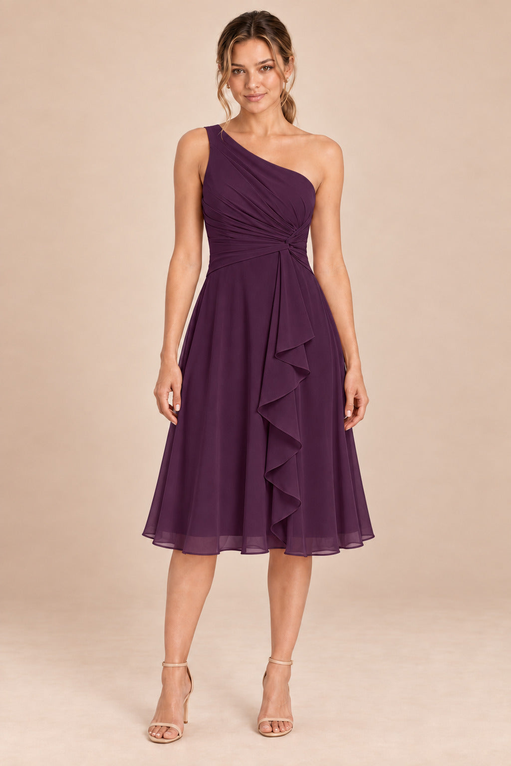 A0007 one-shoulder chiffon ruffle dress in Plum