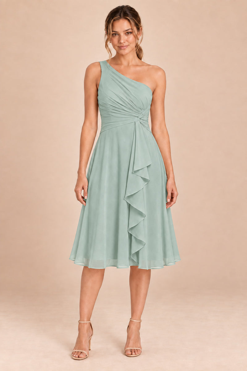 A0007 one-shoulder chiffon ruffle dress in Sage Green