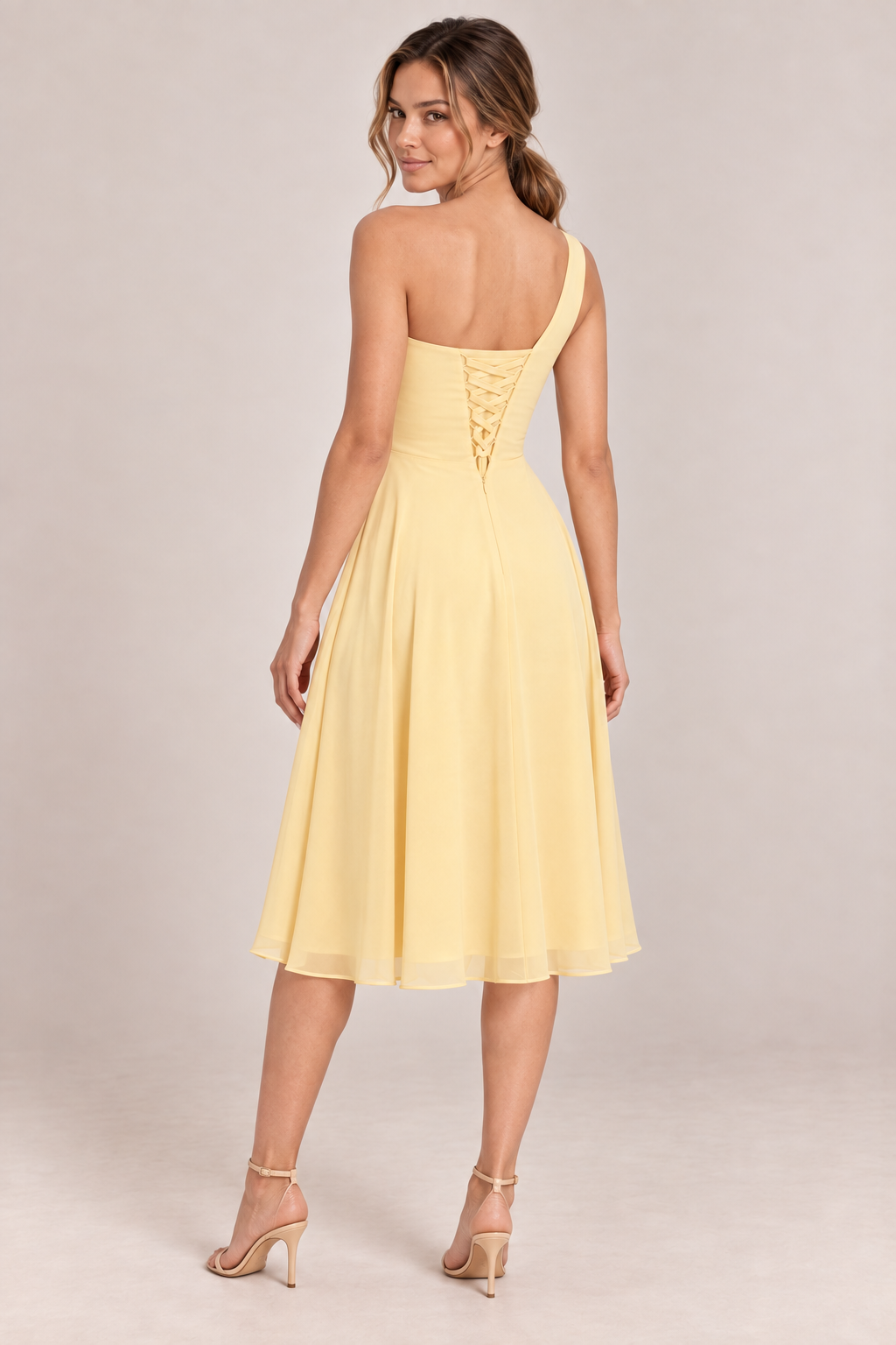 A0007 one-shoulder chiffon dress back view with lace-up closure
