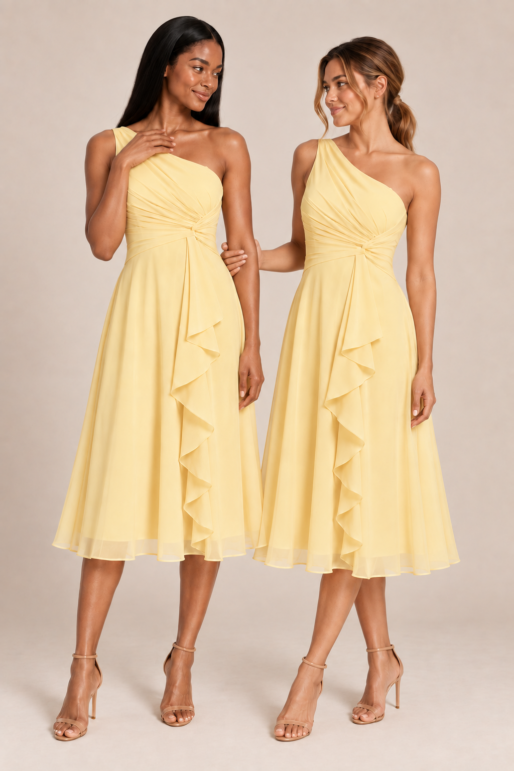 A0007 one-shoulder chiffon bridesmaid dress pair