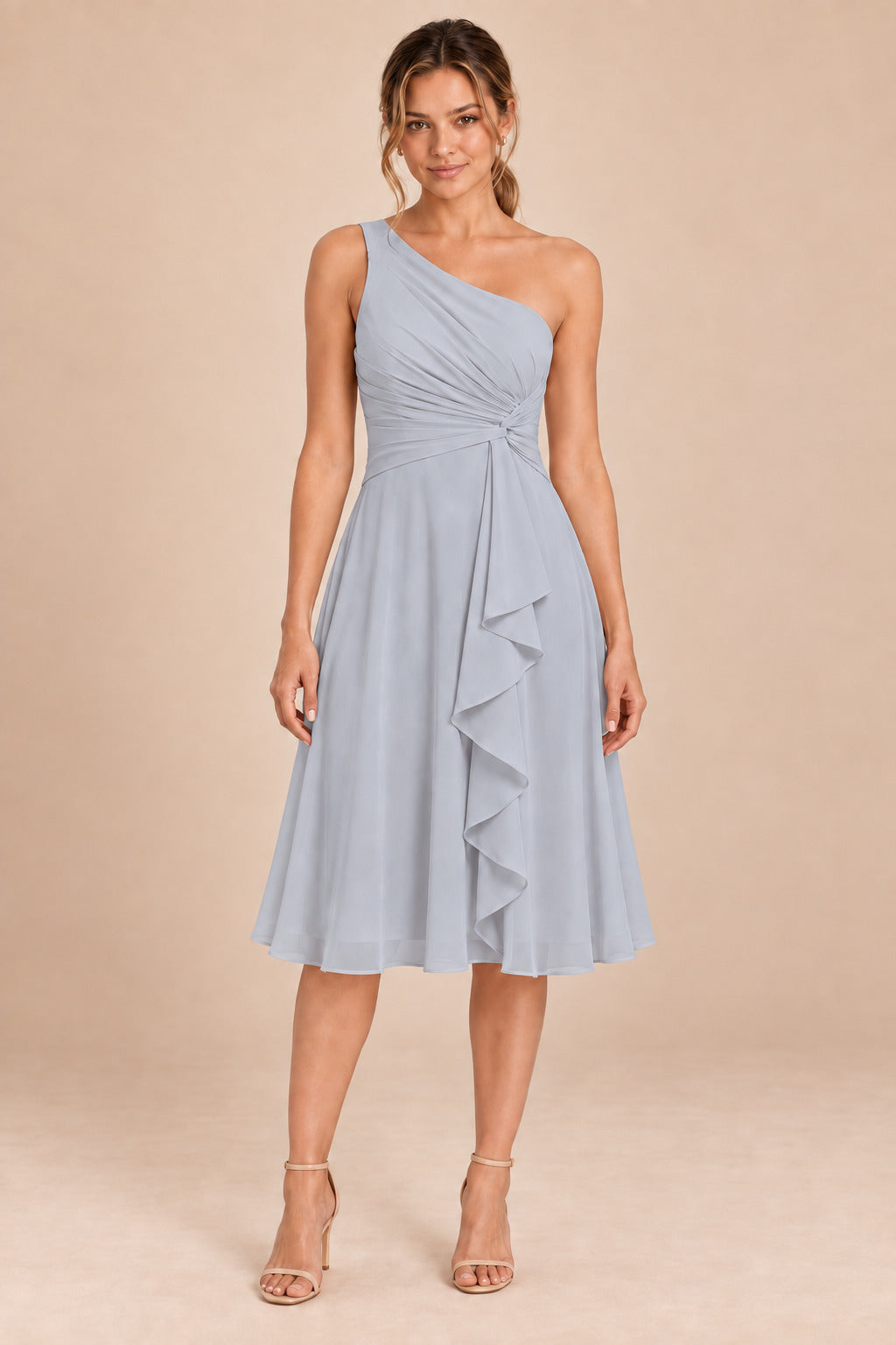 A0007 one-shoulder chiffon ruffle dress in Silver