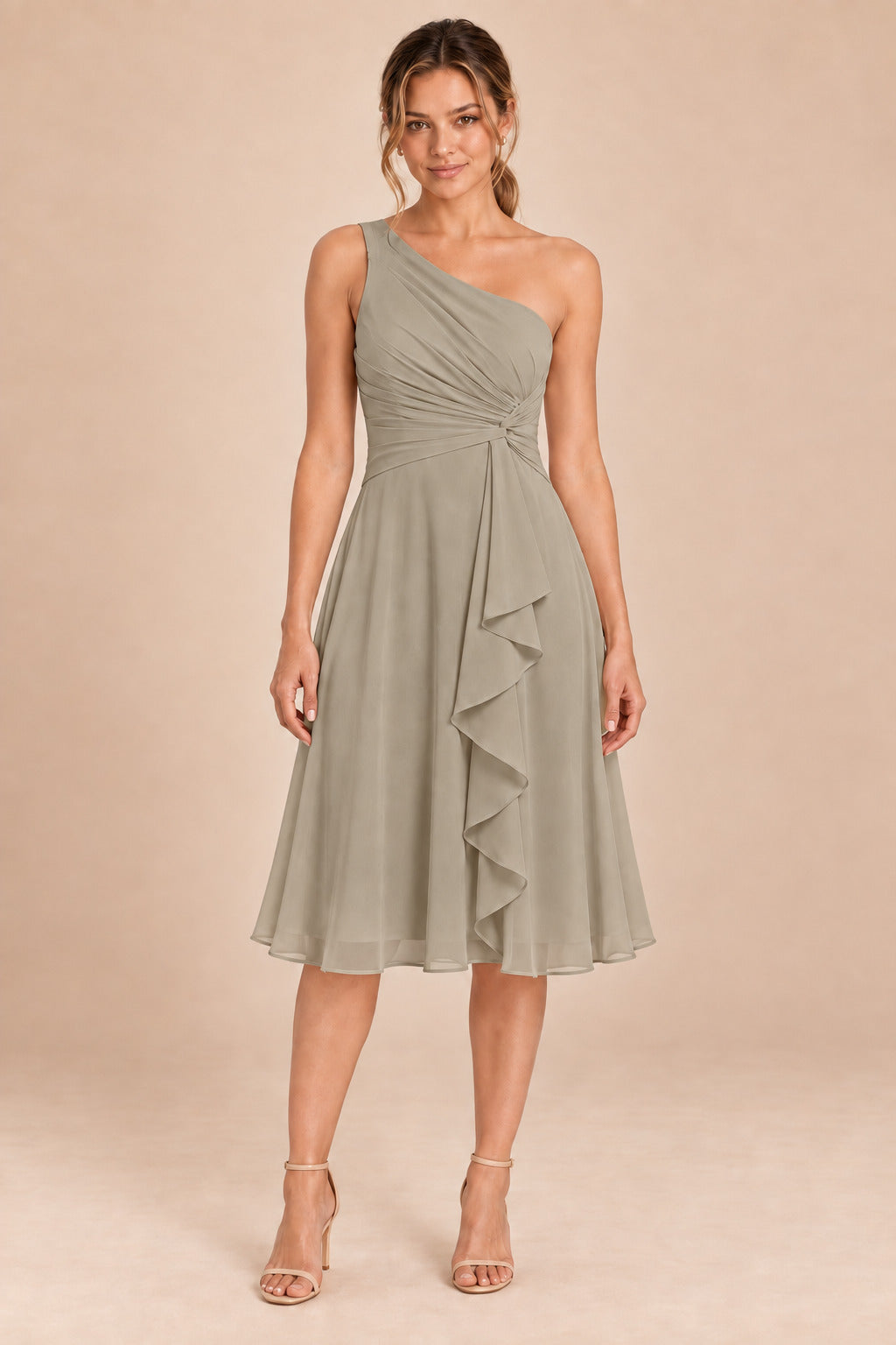 A0007 one-shoulder chiffon ruffle dress in Taupe