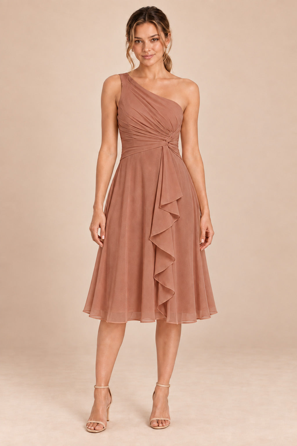 A0007 one-shoulder chiffon ruffle dress in Terracotta
