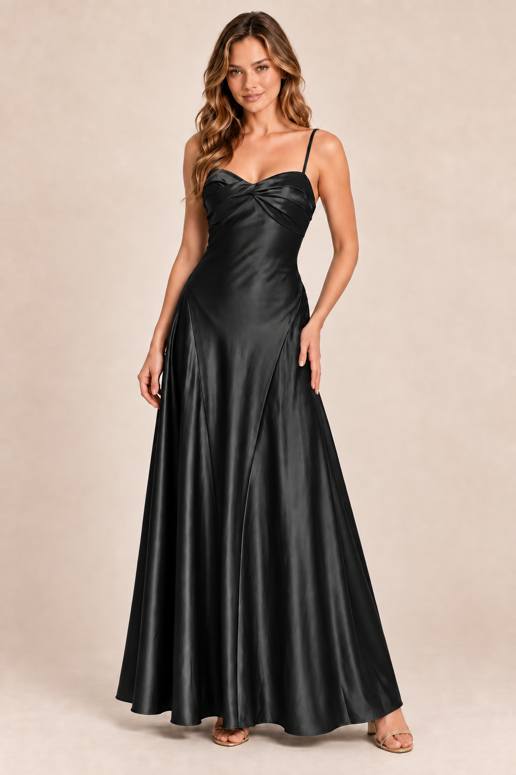 black satin-like twist-front dress, front view