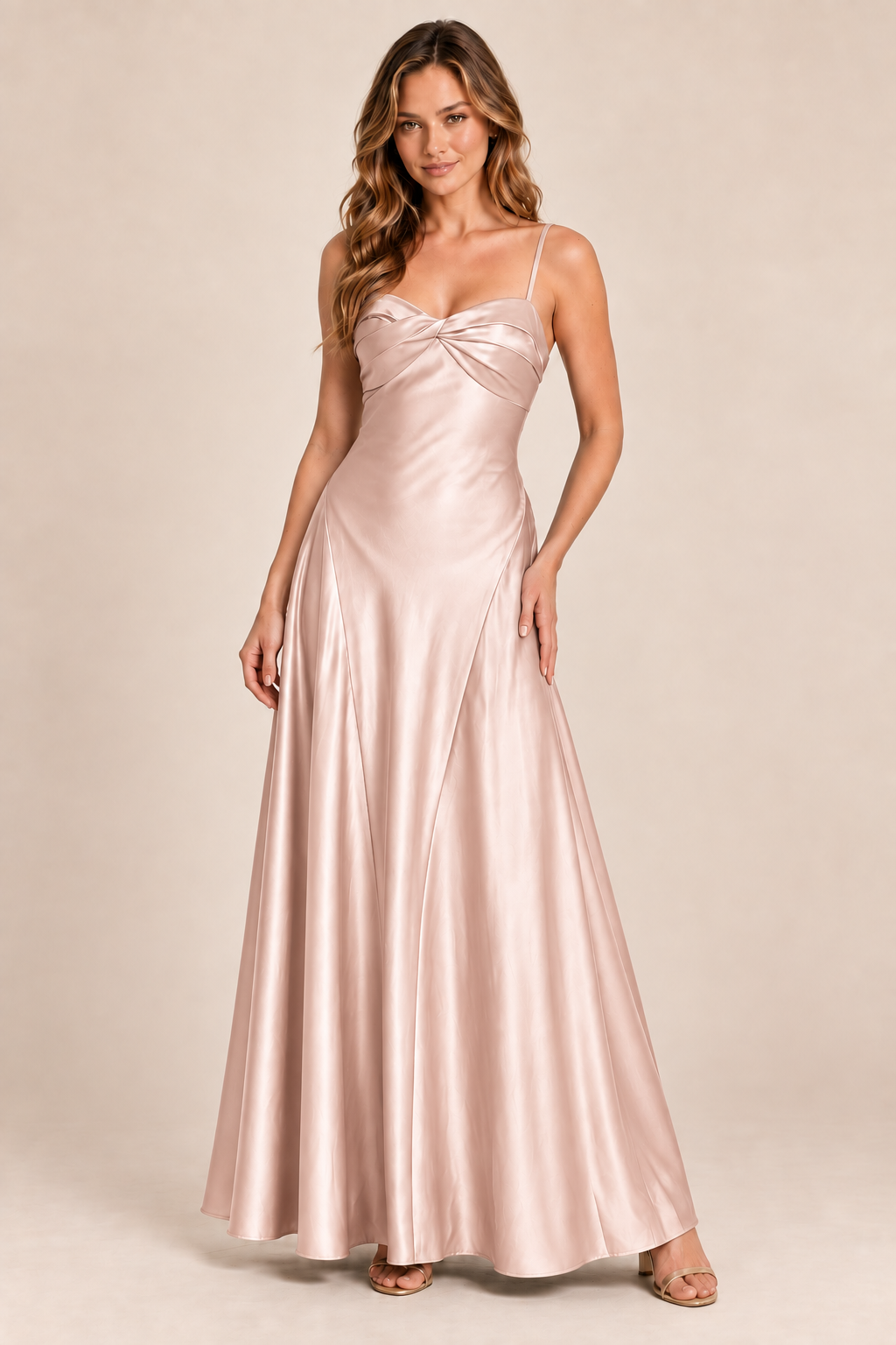 blush pink satin-like twist-front dress, front view
