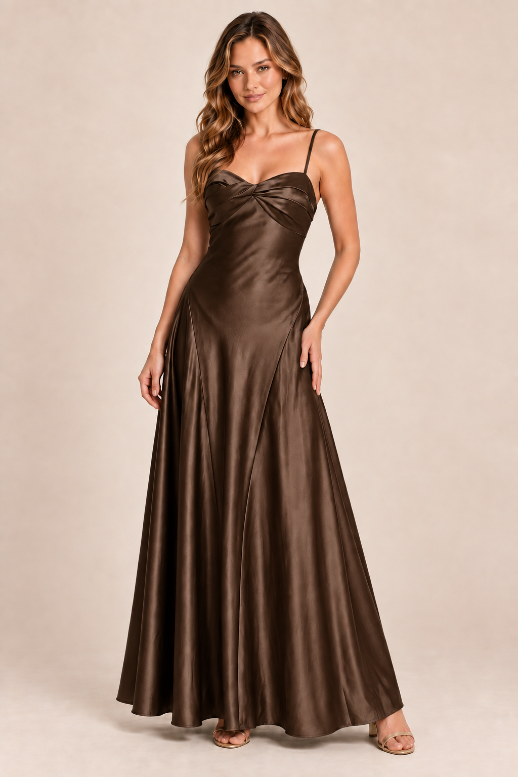 brown satin-like twist-front dress, front view