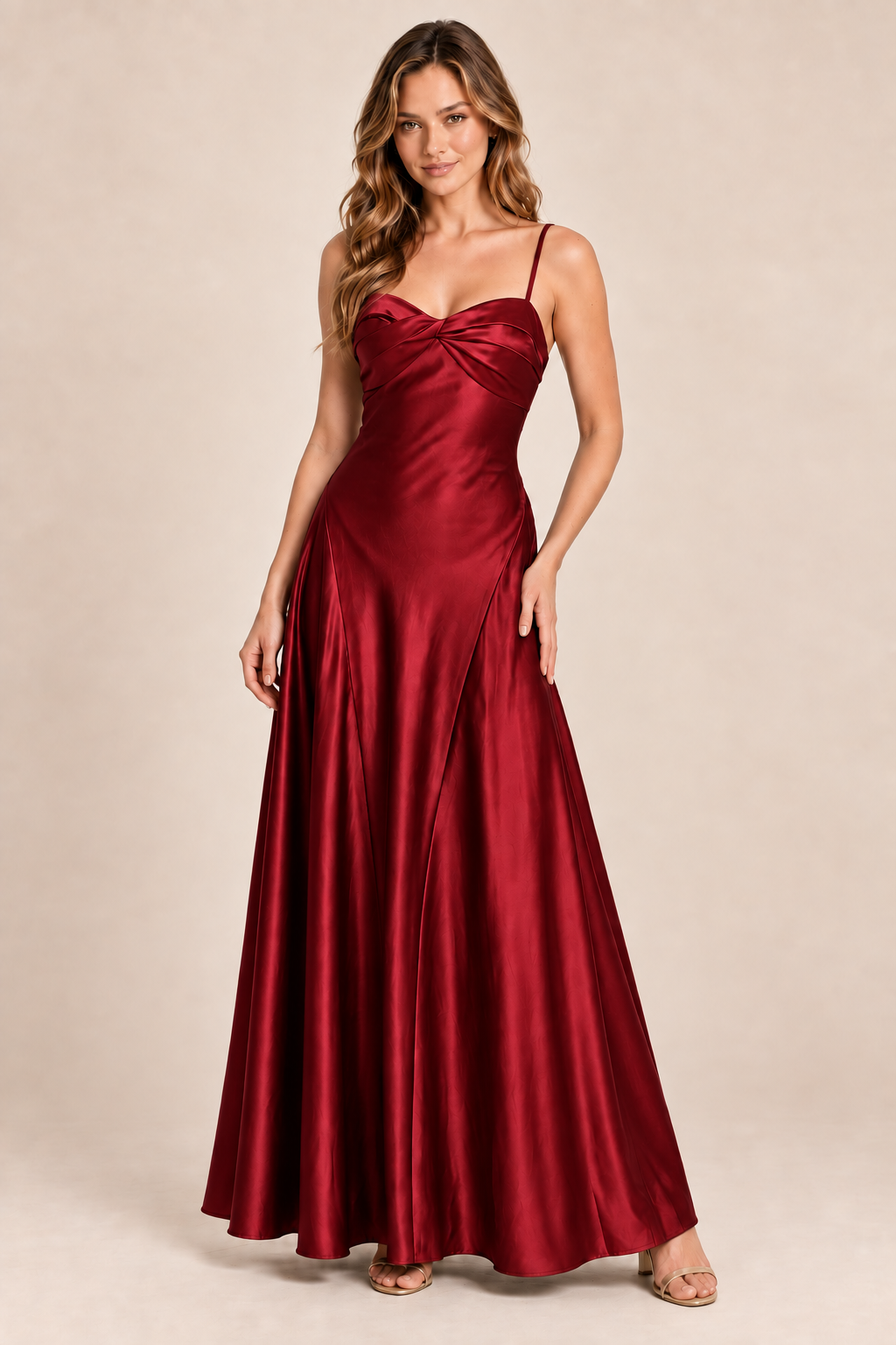 burgundy satin-like twist-front dress, front view