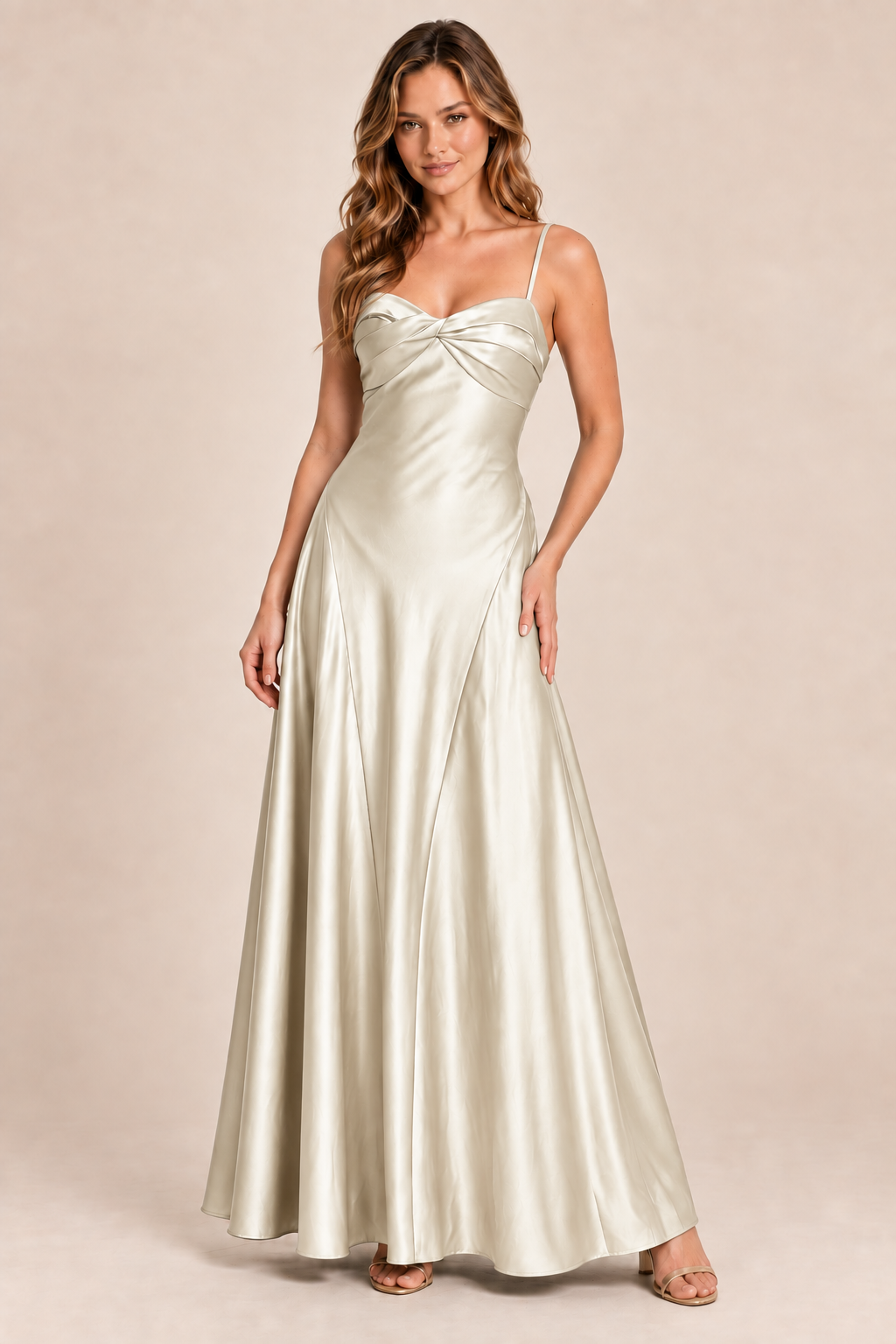 champagne satin-like twist-front dress, front view