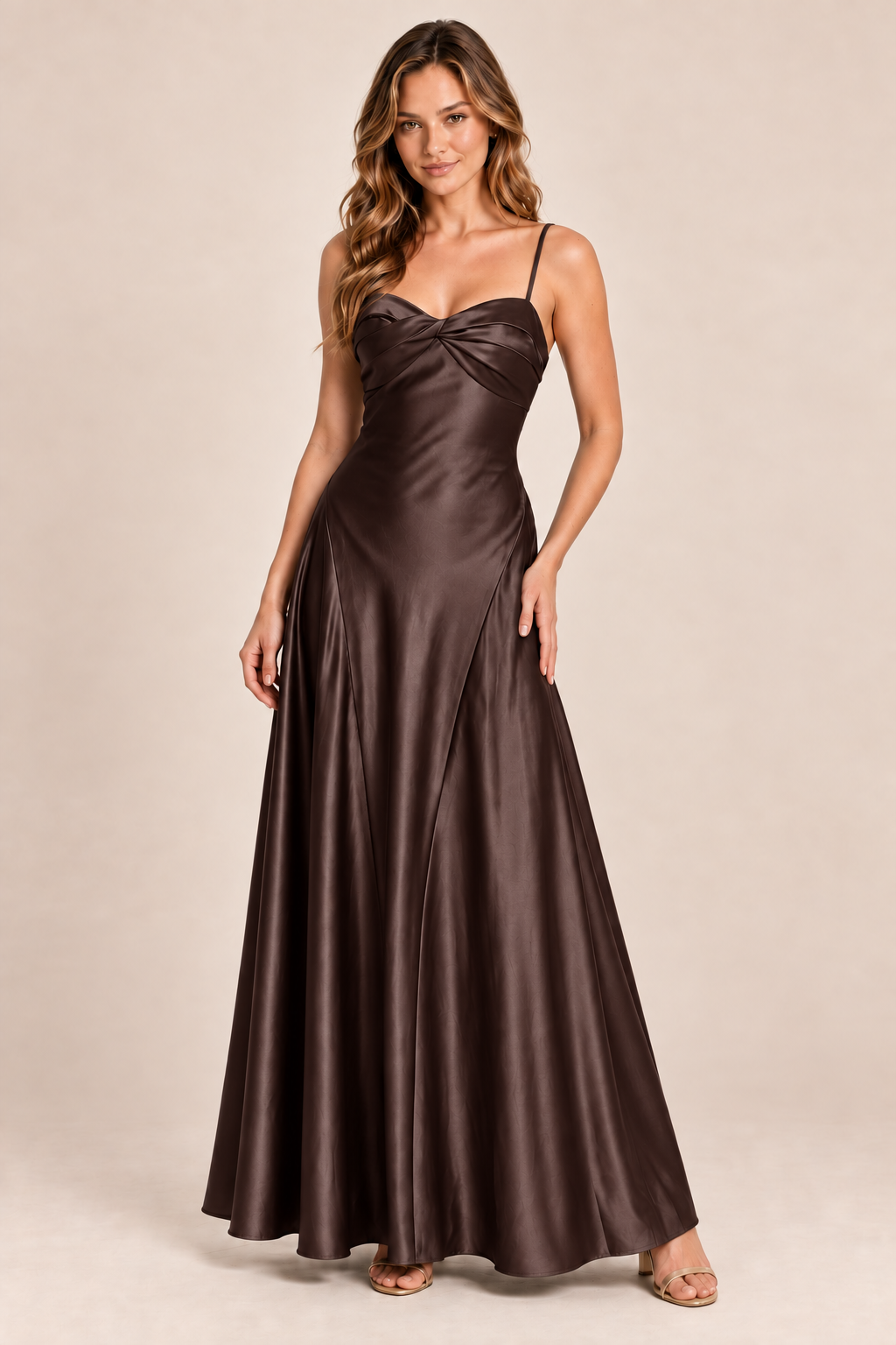 chocolate brown satin-like twist-front dress, front view