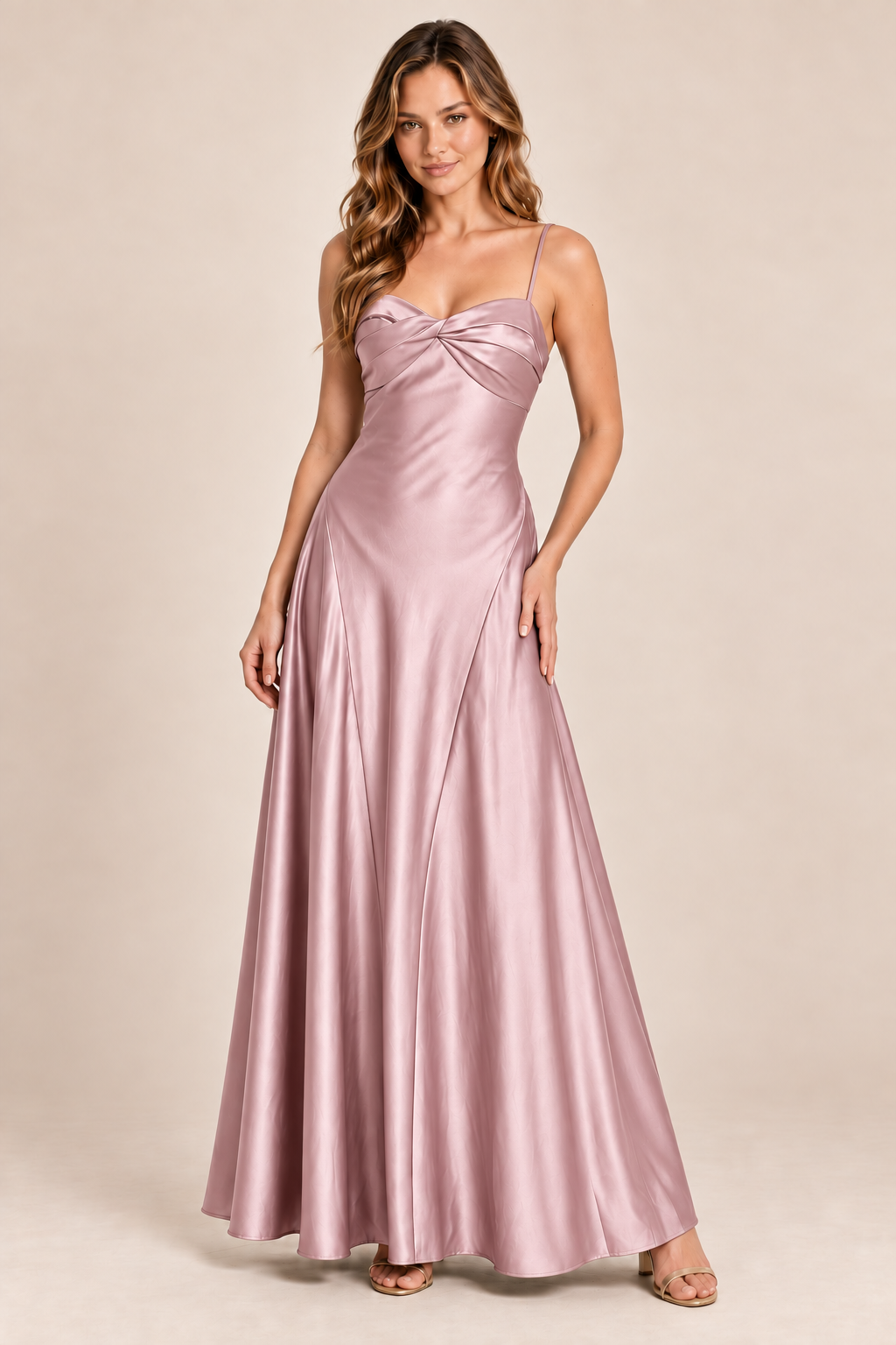 dusty pink satin-like twist-front dress, front view