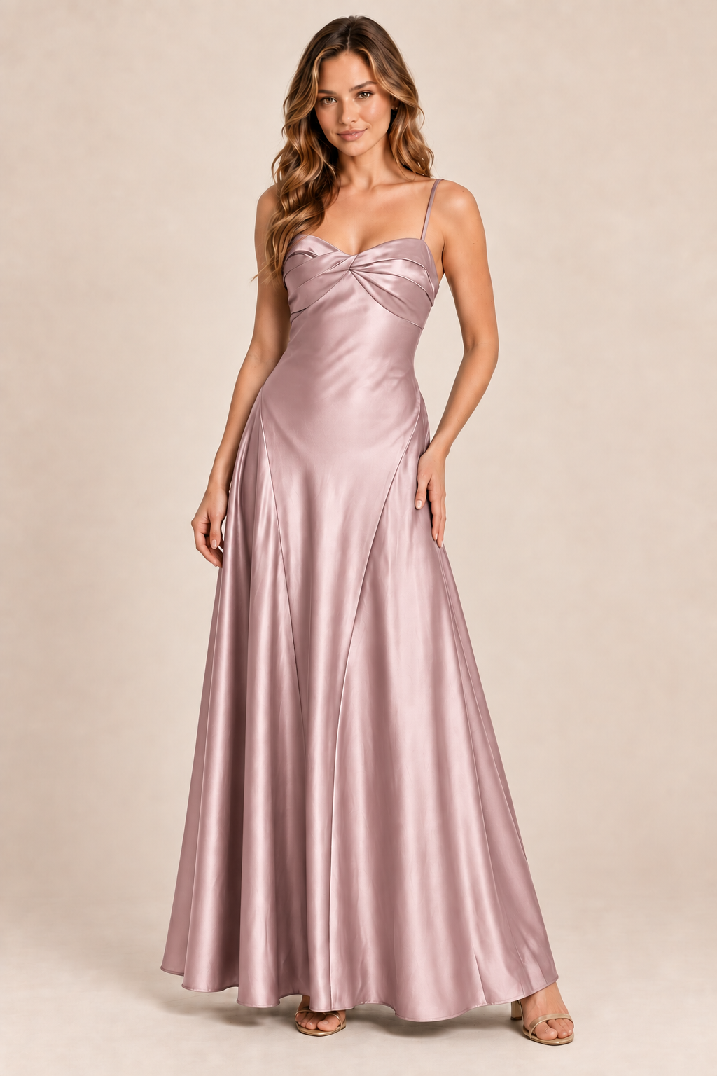 dusty rose satin-like twist-front dress, front view