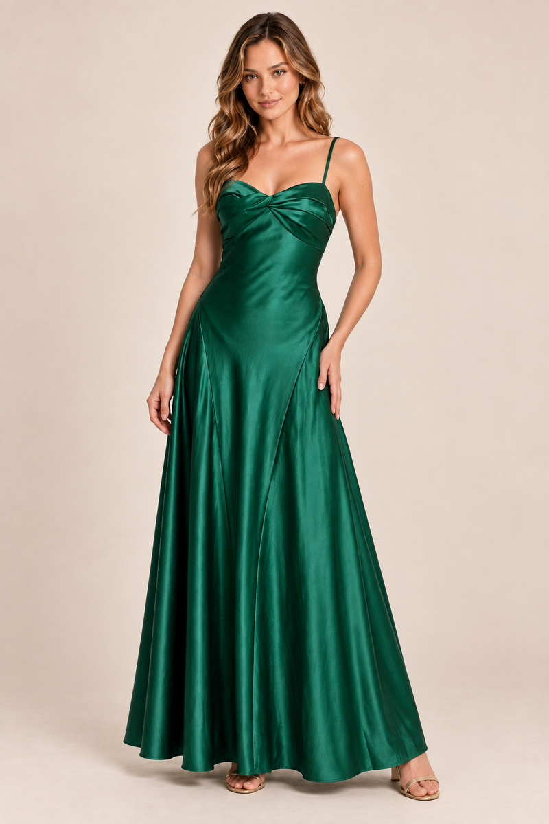 Emerald green satin-like twist-front formal dress, front view