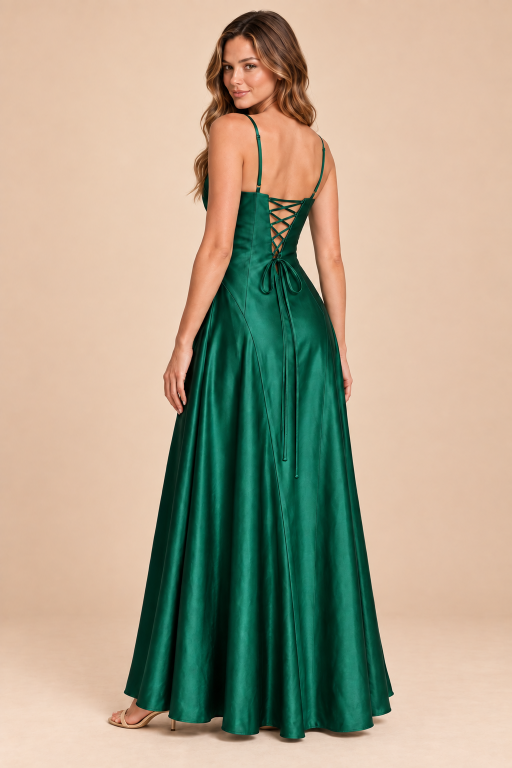 emerald green satin-like twist-front dress, back view