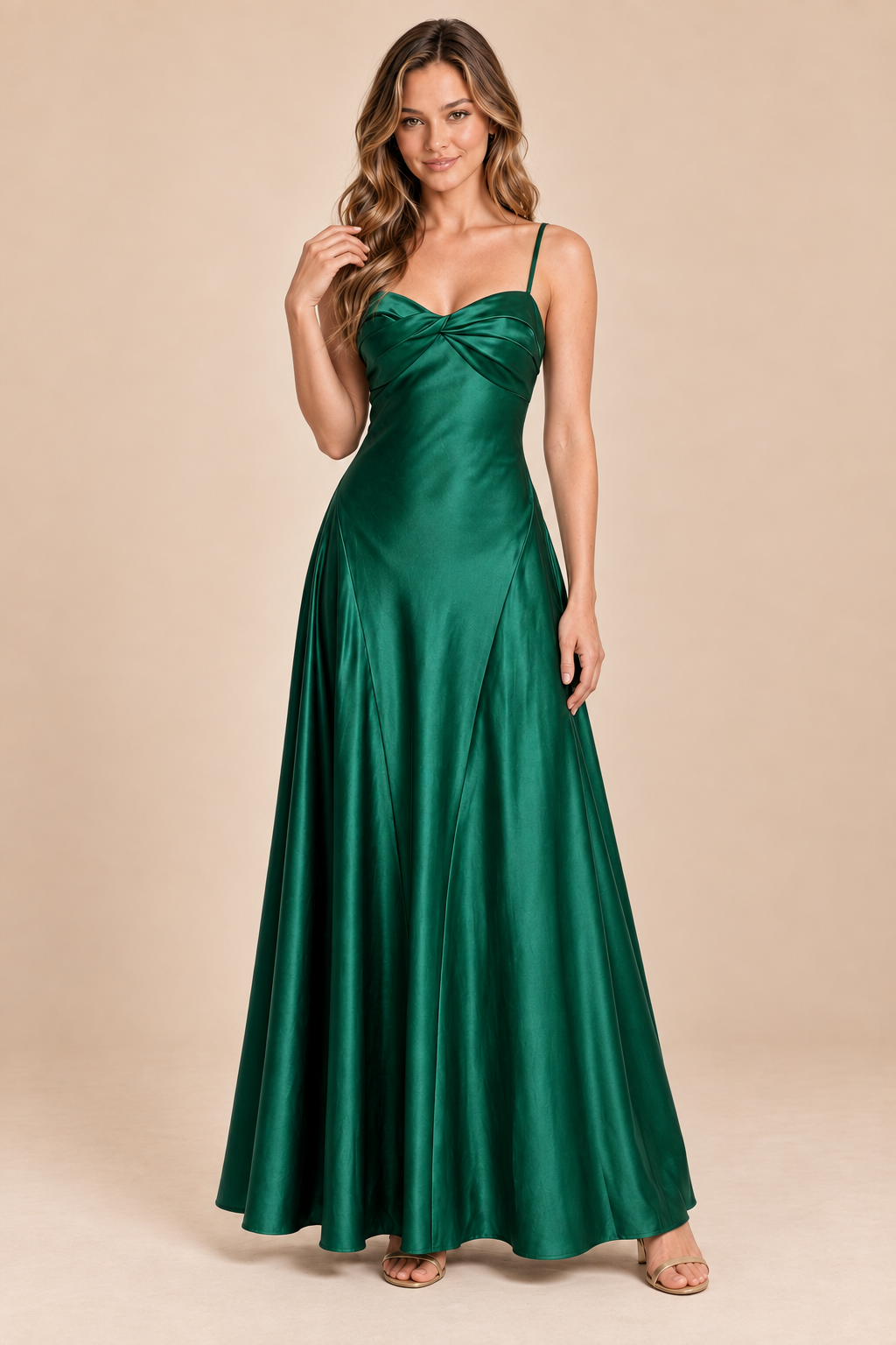 emerald green satin-like twist-front dress, angle view