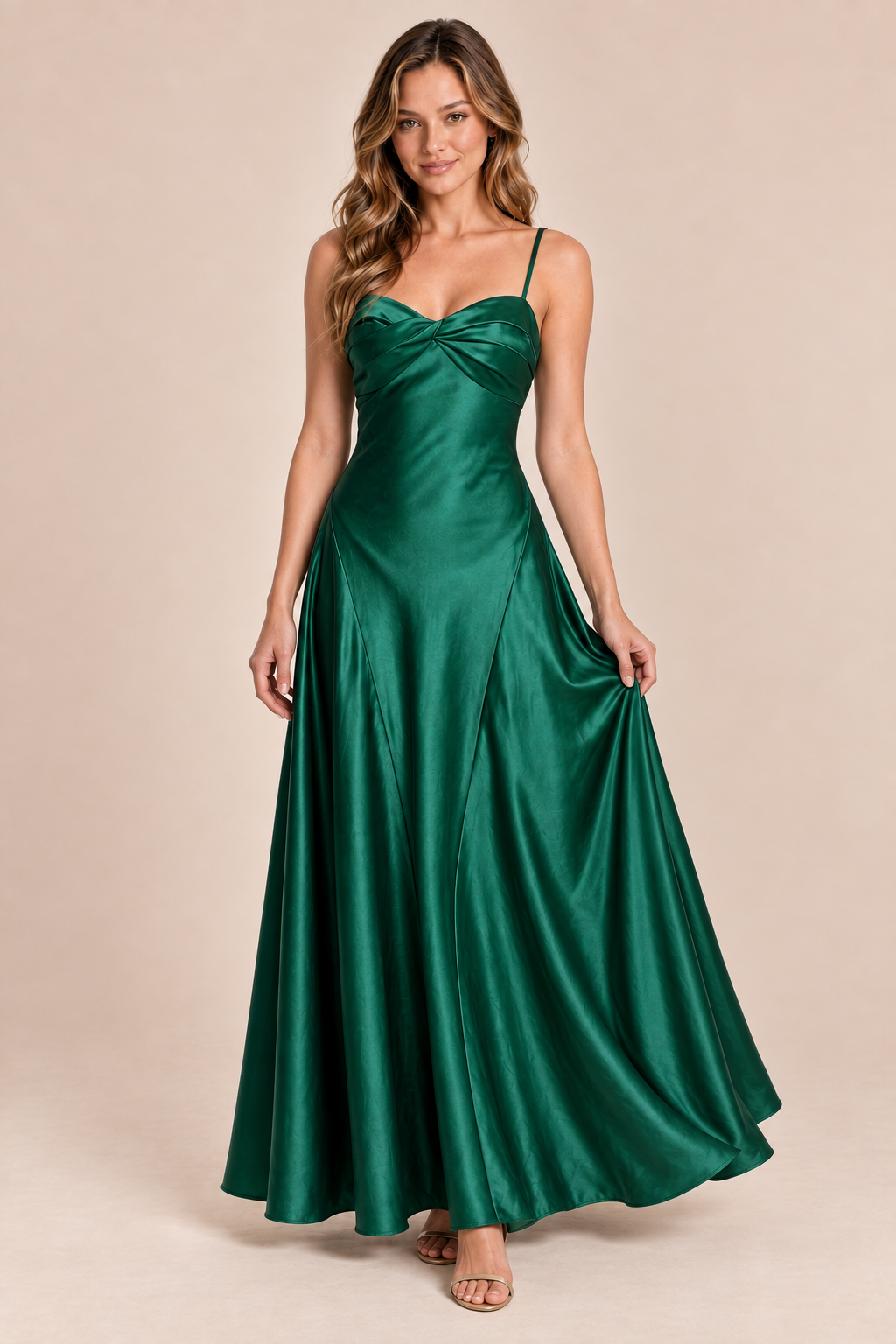 emerald green satin-like twist-front dress, movement view