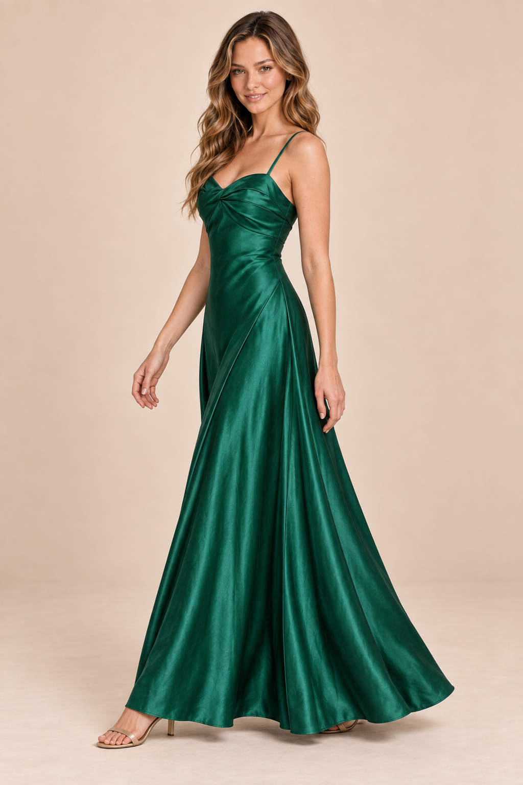 emerald green satin-like twist-front dress, side view