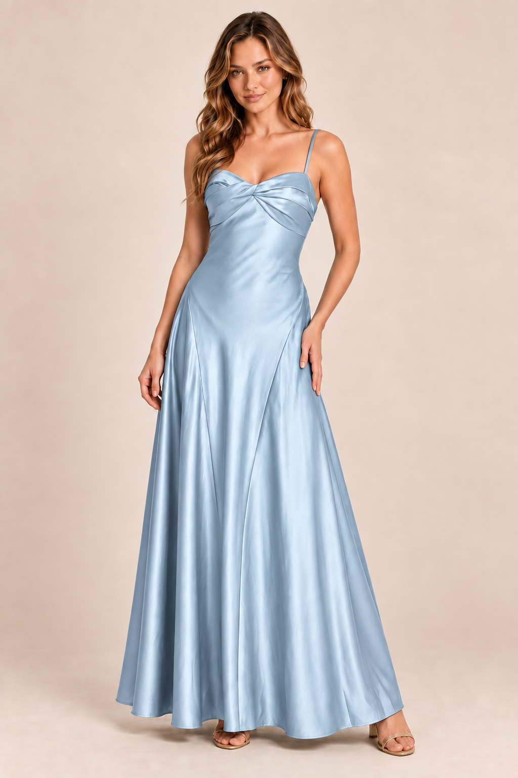 ice blue satin-like twist-front dress, front view