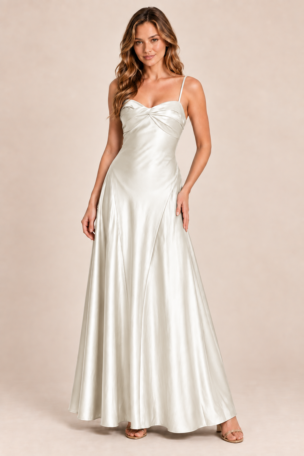 ivory satin-like twist-front dress, front view